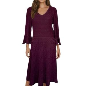 Roz & Ali Maroon Knit Midi Dress V-Neck 3/4 Tulip Sleeves Pullover Size Medium